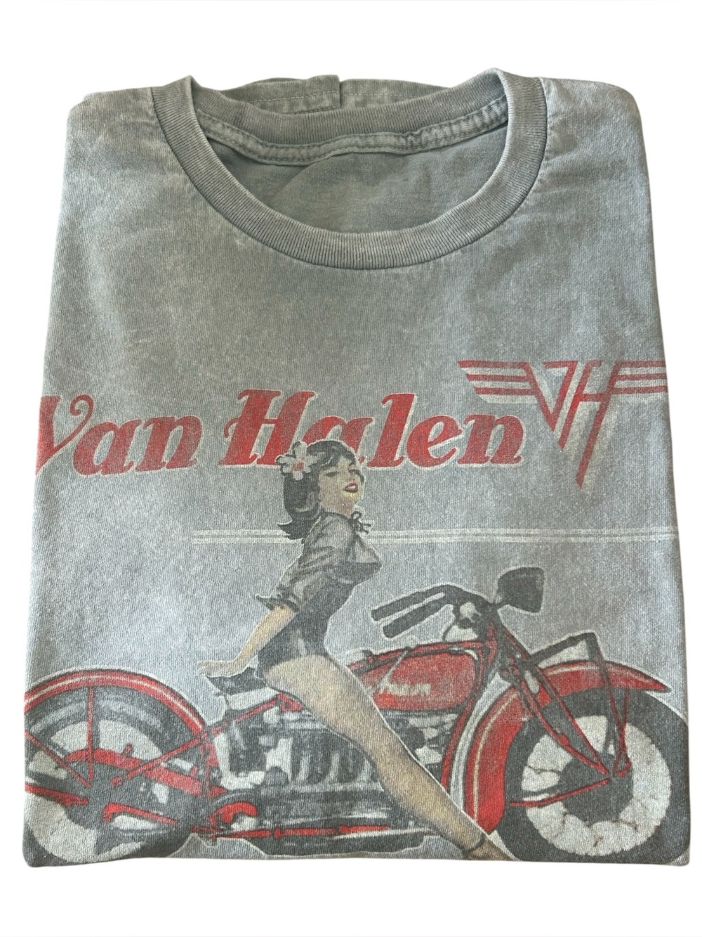 Van Halen Gray Acid Wash Graphic Band Tee Motorcycle Pinup Rock T Shirt Large